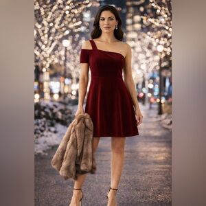 NWT Stunning Burgundy Boston Proper Velvet One Shoulder Holiday Party Mini Dress